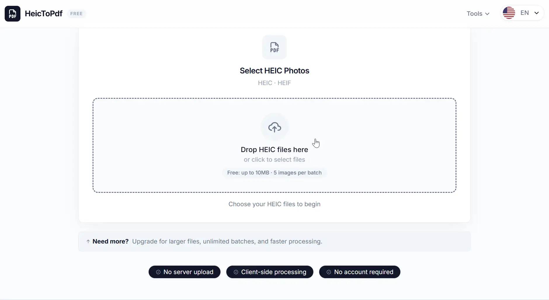 Upload area for selecting HEIC photos
