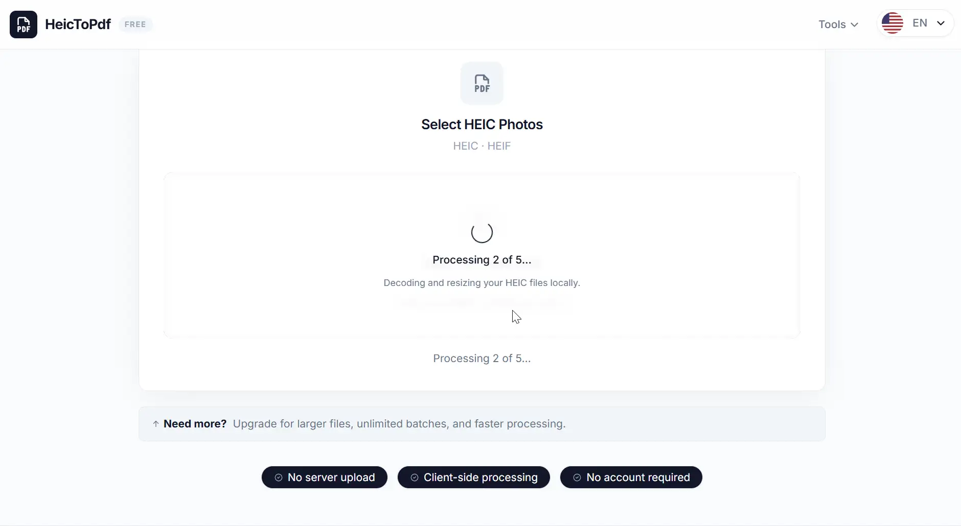 Progress bar showing local processing of HEIC files