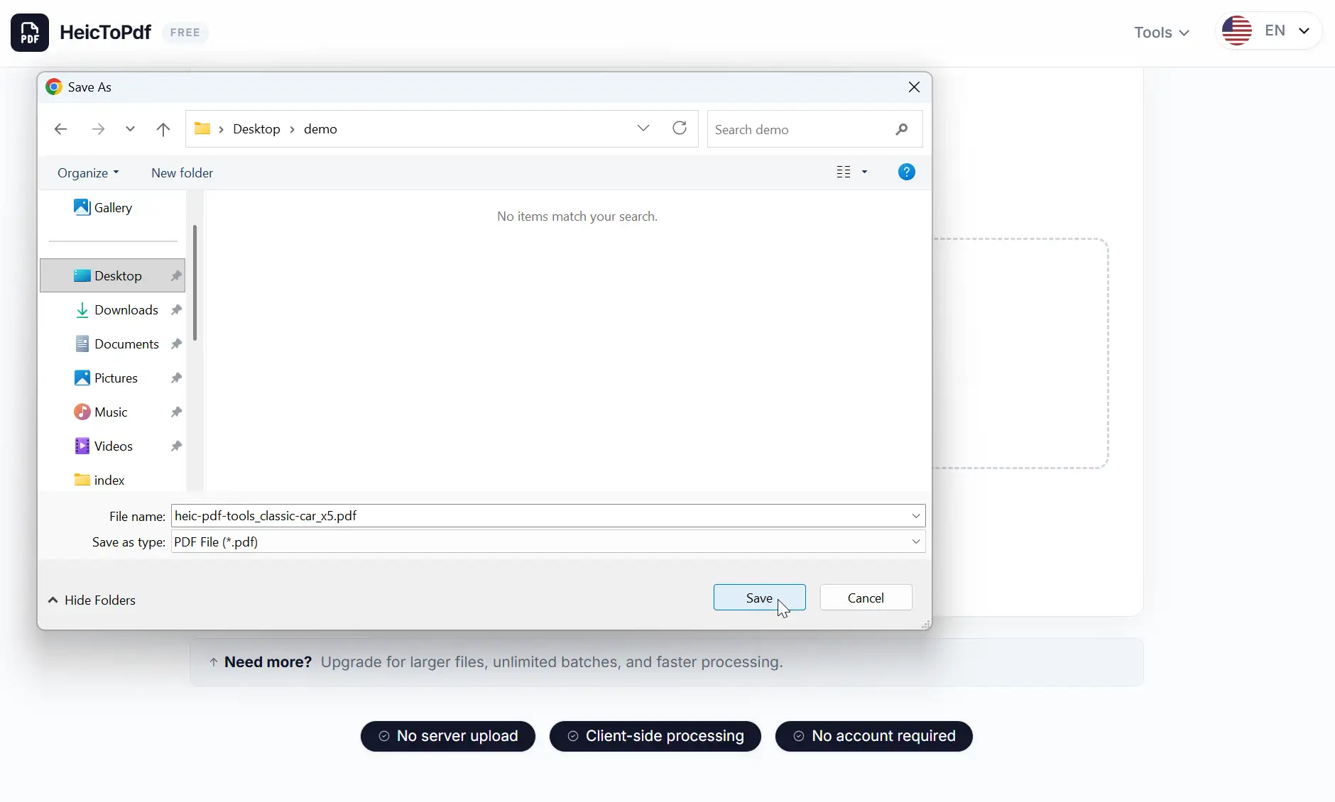Save dialog for choosing PDF filename and destination